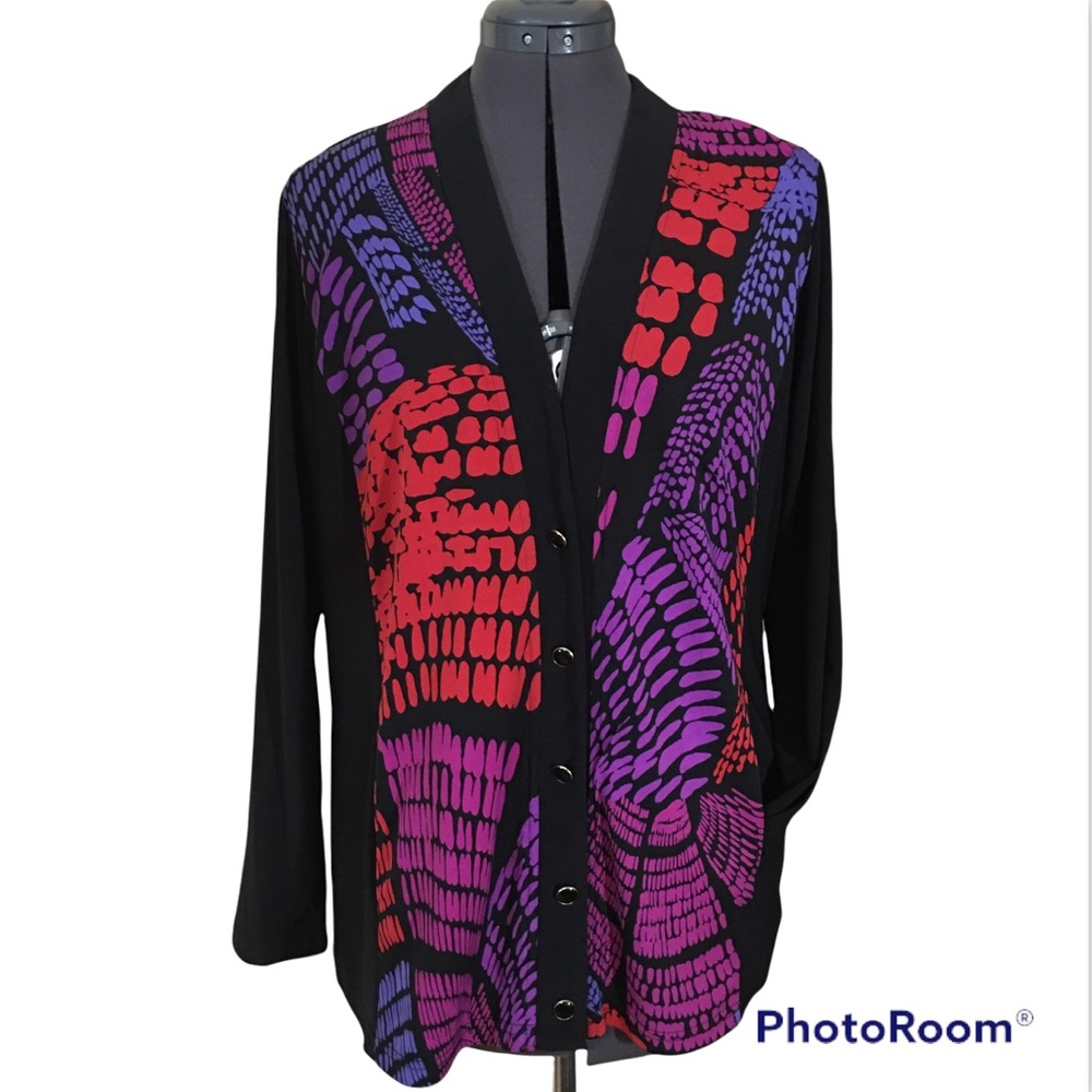 Bob Mackie Wearable Art Long Sleeve Long Cardigan Style Top With Pockets